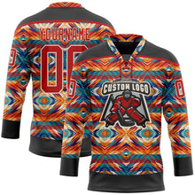 Laden Sie das Bild in den Galerie-Viewer, Uksn Individuelles Schwarz Rot-Creme 3D-Muster Indianerstämme der Ureinwohner Nordamerikas Eishockey-Trikot mit Schnürkragen

