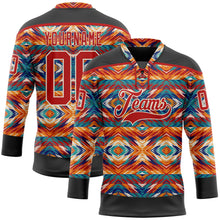 Laden Sie das Bild in den Galerie-Viewer, Uksn Individuelles Schwarz Rot-Creme 3D-Muster Indianerstämme der Ureinwohner Nordamerikas Eishockey-Trikot mit Schnürkragen
