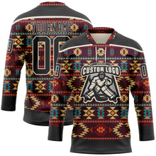 Laden Sie das Bild in den Galerie-Viewer, Uksn Individuelles Schwarz Creme 3D-Muster Indianerstämme der Ureinwohner Nordamerikas Eishockey-Trikot mit Schnürkragen
