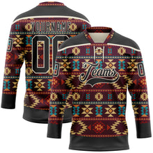 Laden Sie das Bild in den Galerie-Viewer, Uksn Individuelles Schwarz Creme 3D-Muster Indianerstämme der Ureinwohner Nordamerikas Eishockey-Trikot mit Schnürkragen
