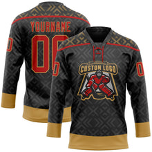 Laden Sie das Bild in den Galerie-Viewer, Uksn Individuelles Schwarz Rot-Altgold 3D-Muster Indianerstämme der Ureinwohner Nordamerikas Eishockey-Trikot mit Schnürkragen
