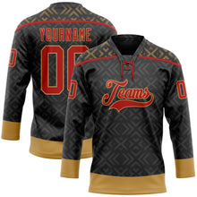 Laden Sie das Bild in den Galerie-Viewer, Uksn Individuelles Schwarz Rot-Altgold 3D-Muster Indianerstämme der Ureinwohner Nordamerikas Eishockey-Trikot mit Schnürkragen
