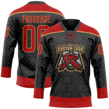 Laden Sie das Bild in den Galerie-Viewer, Uksn Individuelles Schwarz Rot-Altgold 3D-Muster Indianerstämme der Ureinwohner Nordamerikas Eishockey-Trikot mit Schnürkragen
