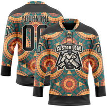 Laden Sie das Bild in den Galerie-Viewer, Uksn Individuelles Schwarz Grün Orange-Creme 3D-Muster Indianerstämme der Ureinwohner Nordamerikas Eishockey-Trikot mit Schnürkragen
