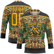 Laden Sie das Bild in den Galerie-Viewer, Uksn Individuelles Schwarz Gold 3D-Muster Indianerstämme der Ureinwohner Nordamerikas Eishockey-Trikot mit Schnürkragen
