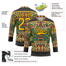 Laden Sie das Bild in den Galerie-Viewer, Uksn Individuelles Schwarz Gold 3D-Muster Indianerstämme der Ureinwohner Nordamerikas Eishockey-Trikot mit Schnürkragen
