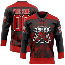 Laden Sie das Bild in den Galerie-Viewer, Uksn Individuelles Schwarz Rot-Weiß 3D-Muster Indianerstämme der Ureinwohner Nordamerikas Eishockey-Trikot mit Schnürkragen
