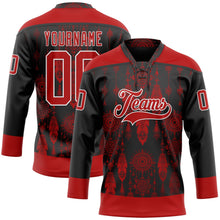 Laden Sie das Bild in den Galerie-Viewer, Uksn Individuelles Schwarz Rot-Weiß 3D-Muster Indianerstämme der Ureinwohner Nordamerikas Eishockey-Trikot mit Schnürkragen
