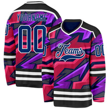 Laden Sie das Bild in den Galerie-Viewer, Uksn Individuelles Schwarz US Marineblau Violett Pink-Weiß 3D-Muster Cyber-Mecha E-Sport Eishockey-Trikot
