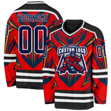 Laden Sie das Bild in den Galerie-Viewer, Uksn Individuelles Schwarz Marineblau Rot Orange-Weiß 3D-Muster Cyber-Mecha E-Sport Eishockey-Trikot
