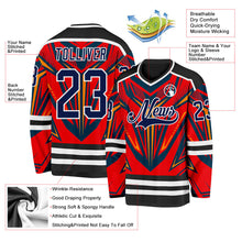Laden Sie das Bild in den Galerie-Viewer, Uksn Individuelles Schwarz Marineblau Rot Orange-Weiß 3D-Muster Cyber-Mecha E-Sport Eishockey-Trikot
