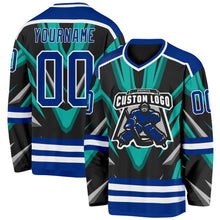 Laden Sie das Bild in den Galerie-Viewer, Uksn Individuelles Schwarz Royalblau Grün Grau-Weiß 3D-Muster Cyber-Mecha E-Sport Eishockey-Trikot
