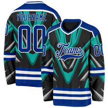 Laden Sie das Bild in den Galerie-Viewer, Uksn Individuelles Schwarz Royalblau Grün Grau-Weiß 3D-Muster Cyber-Mecha E-Sport Eishockey-Trikot
