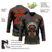 Laden Sie das Bild in den Galerie-Viewer, Uksn Individuelles Schwarz Rot-Altgold 3D-Muster Indianerstämme der Ureinwohner Nordamerikas Eishockey-Trikot mit Schnürkragen
