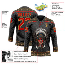 Laden Sie das Bild in den Galerie-Viewer, Uksn Individuelles Schwarz Rot-Altgold 3D-Muster Indianerstämme der Ureinwohner Nordamerikas Eishockey-Trikot mit Schnürkragen
