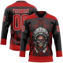 Laden Sie das Bild in den Galerie-Viewer, Uksn Individuelles Schwarz Rot-Weiß 3D-Muster Indianerstämme der Ureinwohner Nordamerikas Eishockey-Trikot mit Schnürkragen
