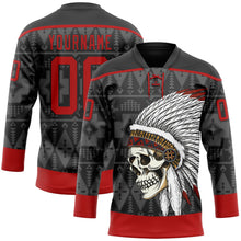 Laden Sie das Bild in den Galerie-Viewer, Uksn Individuelles Schwarz Rot 3D-Muster Indianerstämme der Ureinwohner Nordamerikas Eishockey-Trikot mit Schnürkragen

