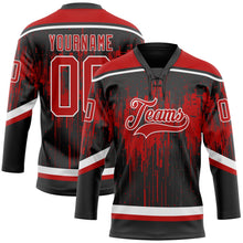 Laden Sie das Bild in den Galerie-Viewer, Uksn Individuelles Schwarz Rot Stahlgrau-Weiß 3D-Muster tropfende Farbkleckse Eishockey-Trikot mit Schnürkragen
