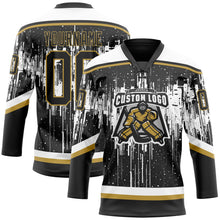 Laden Sie das Bild in den Galerie-Viewer, Uksn Individuelles Schwarz Altgold Stahlgrau-Weiß 3D-Muster tropfende Farbkleckse Eishockey-Trikot mit Schnürkragen

