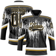 Laden Sie das Bild in den Galerie-Viewer, Uksn Individuelles Schwarz Altgold Stahlgrau-Weiß 3D-Muster tropfende Farbkleckse Eishockey-Trikot mit Schnürkragen
