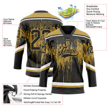 Laden Sie das Bild in den Galerie-Viewer, Uksn Individuelles Schwarz Altgold Stahlgrau-Weiß 3D-Muster tropfende Farbkleckse Eishockey-Trikot mit Schnürkragen
