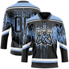Laden Sie das Bild in den Galerie-Viewer, Uksn Individuelles Schwarz Hellblau Stahlgrau-Weiß 3D-Muster tropfende Farbkleckse Eishockey-Trikot mit Schnürkragen
