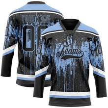 Laden Sie das Bild in den Galerie-Viewer, Uksn Individuelles Schwarz Hellblau Stahlgrau-Weiß 3D-Muster tropfende Farbkleckse Eishockey-Trikot mit Schnürkragen
