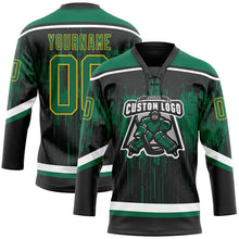 Laden Sie das Bild in den Galerie-Viewer, Uksn Individuelles Schwarz Kelly-Grün Gold Stahlgrau-Weiß 3D-Muster tropfende Farbkleckse Eishockey-Trikot mit Schnürkragen
