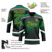 Laden Sie das Bild in den Galerie-Viewer, Uksn Individuelles Schwarz Kelly-Grün Gold Stahlgrau-Weiß 3D-Muster tropfende Farbkleckse Eishockey-Trikot mit Schnürkragen
