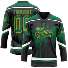Laden Sie das Bild in den Galerie-Viewer, Uksn Individuelles Schwarz Kelly-Grün Gold Stahlgrau-Weiß 3D-Muster tropfende Farbkleckse Eishockey-Trikot mit Schnürkragen
