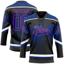 Laden Sie das Bild in den Galerie-Viewer, Uksn Individuelles Schwarz Royalblau Pink Stahlgrau-Weiß 3D-Muster tropfende Farbkleckse Eishockey-Trikot mit Schnürkragen
