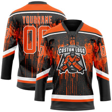 Laden Sie das Bild in den Galerie-Viewer, Uksn Individuelles Schwarz Orange Stahlgrau-Weiß 3D-Muster tropfende Farbkleckse Eishockey-Trikot mit Schnürkragen

