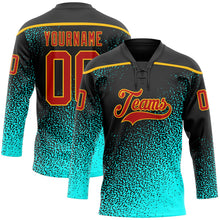 Laden Sie das Bild in den Galerie-Viewer, Uksn Individuelles Schwarz Rot Blau-Gold 3D-Muster abstrakter Verlauf Rasterton Eishockey-Trikot mit Schnürkragen
