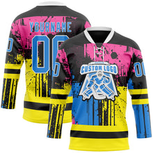 Laden Sie das Bild in den Galerie-Viewer, Uksn Individuelles Schwarz Puderblau Pink Gelb-Weiß 3D-Muster abstrakte Farbkleckse Eishockey-Trikot mit Schnürkragen
