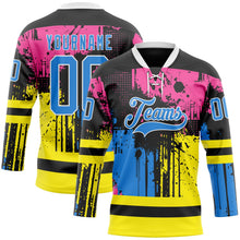 Laden Sie das Bild in den Galerie-Viewer, Uksn Individuelles Schwarz Puderblau Pink Gelb-Weiß 3D-Muster abstrakte Farbkleckse Eishockey-Trikot mit Schnürkragen
