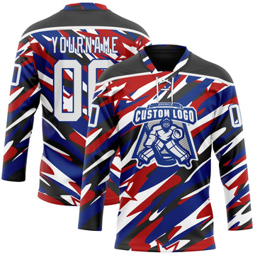 Uksn Individuelles Schwarz Weiß Rot-Royalblau Amerikanische Flagge Eishockey-Trikot mit Schnürkragen
