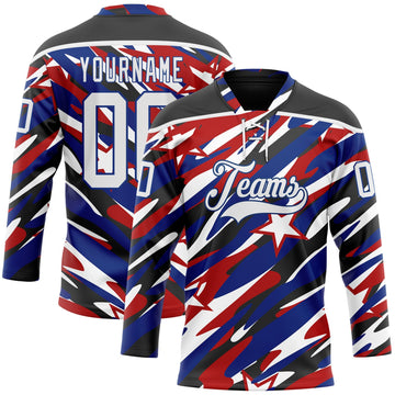 Uksn Individuelles Schwarz Weiß Rot-Royalblau Amerikanische Flagge Eishockey-Trikot mit Schnürkragen
