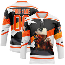 Laden Sie das Bild in den Galerie-Viewer, Uksn Individuelles Schwarz Orange-Weiß 3D-Muster Design Foodie Funny Cola Eishockey-Trikot mit Schnürkragen
