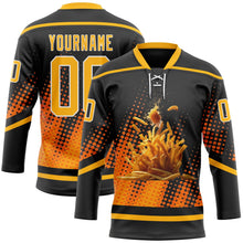 Laden Sie das Bild in den Galerie-Viewer, Uksn Individuelles Schwarz Gold-Weiß 3D-Muster Design Foodie Funny Pommes frites Eishockey-Trikot mit Schnürkragen
