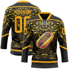 Laden Sie das Bild in den Galerie-Viewer, Uksn Individuelles Schwarz Gold-Weiß 3D-Muster Design Foodie Funny Hot Dog Eishockey-Trikot mit Schnürkragen
