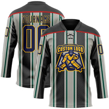 Laden Sie das Bild in den Galerie-Viewer, Uksn Individuelles Schwarz Marineblau Grün Rot Gold-Weiß 3D-Muster Design-Streifen Eishockey-Trikot mit Schnürkragen
