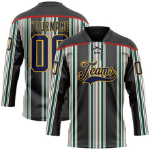 Laden Sie das Bild in den Galerie-Viewer, Uksn Individuelles Schwarz Marineblau Grün Rot Gold-Weiß 3D-Muster Design-Streifen Eishockey-Trikot mit Schnürkragen
