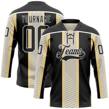 Laden Sie das Bild in den Galerie-Viewer, Uksn Individuelles Schwarz Creme-Weiß 3D-Muster Design-Streifen Eishockey-Trikot mit Schnürkragen

