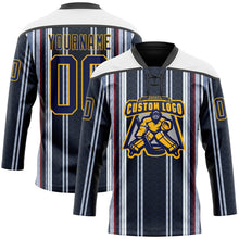 Laden Sie das Bild in den Galerie-Viewer, Uksn Individuelles Schwarz Marineblau Rot Gold-Weiß 3D-Muster Design-Streifen Eishockey-Trikot mit Schnürkragen
