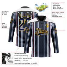 Laden Sie das Bild in den Galerie-Viewer, Uksn Individuelles Schwarz Marineblau Rot Gold-Weiß 3D-Muster Design-Streifen Eishockey-Trikot mit Schnürkragen
