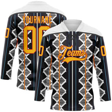 Laden Sie das Bild in den Galerie-Viewer, Uksn Individuelles Schwarz Gold Blau Rot-Weiß 3D-Muster Design-Streifen geometrisch Eishockey-Trikot mit Schnürkragen
