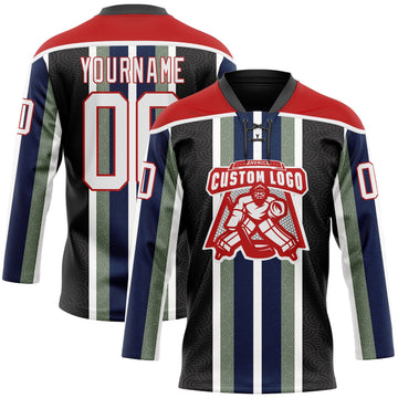 Uksn Individuelles Schwarz Weiß Grün Marineblau-Rot 3D-Muster Design-Streifen Eishockey-Trikot mit Schnürkragen