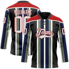Laden Sie das Bild in den Galerie-Viewer, Uksn Individuelles Schwarz Weiß Grün Marineblau-Rot 3D-Muster Design-Streifen Eishockey-Trikot mit Schnürkragen
