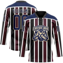Laden Sie das Bild in den Galerie-Viewer, Uksn Individuelles Schwarz Marineblau Rot Creme-Weiß 3D-Muster Design-Streifen Eishockey-Trikot mit Schnürkragen
