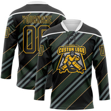 Laden Sie das Bild in den Galerie-Viewer, Uksn Individuelles Schwarz Gold-Weiß 3D-Muster Design-Streifen Eishockey-Trikot mit Schnürkragen
